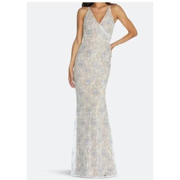 NWT Dress The Population Helen Lace Sequin Gown Surplice V-Neck Trumpet Dress S - Picture 2 of 11
